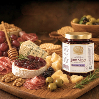 A Blackberry Merlot Jam Vino jar front and center on a wooden charcuterie board beside brie topped with jam, blue cheese, salami, grapes, olives, crackers, walnuts, honey, and rosemary