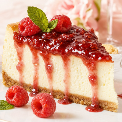 Close-up of a creamy cheesecake slice topped with glossy raspberry jam dripping down the sides, garnished with fresh raspberries and mint