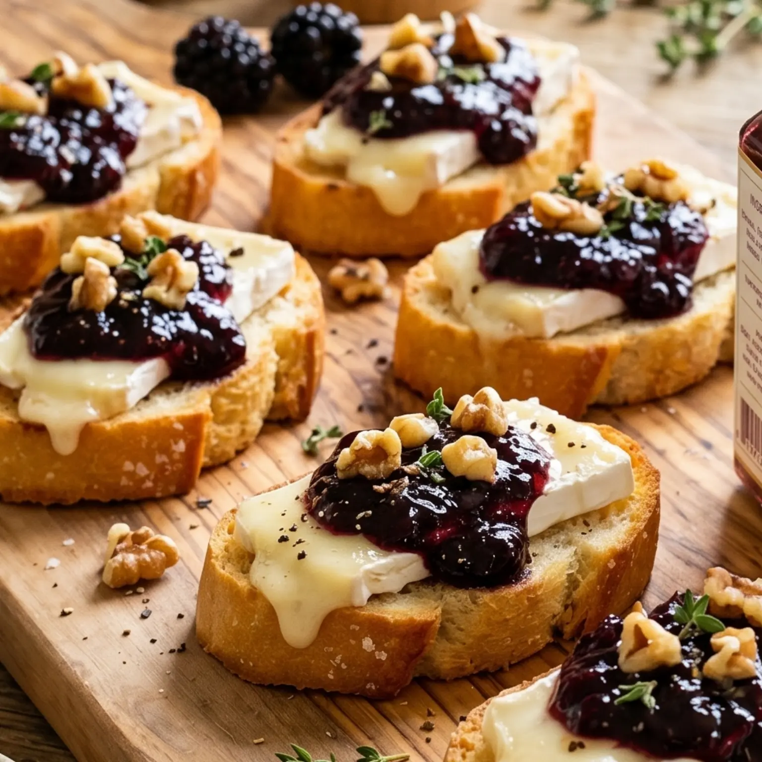 Close-up of Jam Vino spooned over soft brie cheese on toasts, with crackers and the open jar nearby