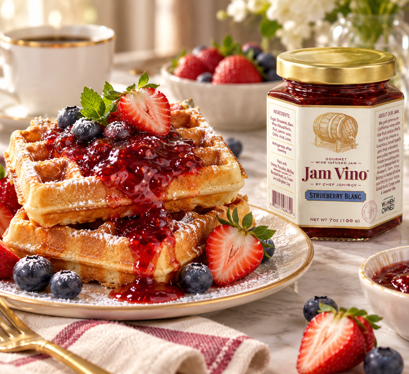 Stack of golden waffles topped with Jam Vino Strueberry Blanc jam, fresh strawberries and blueberries, with the jar on the table beside the plate